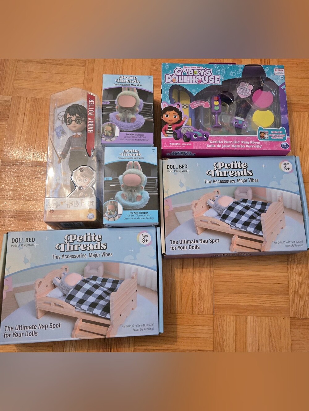 toy lot- gabby dollhouse, harry potter, doll beds and chairs